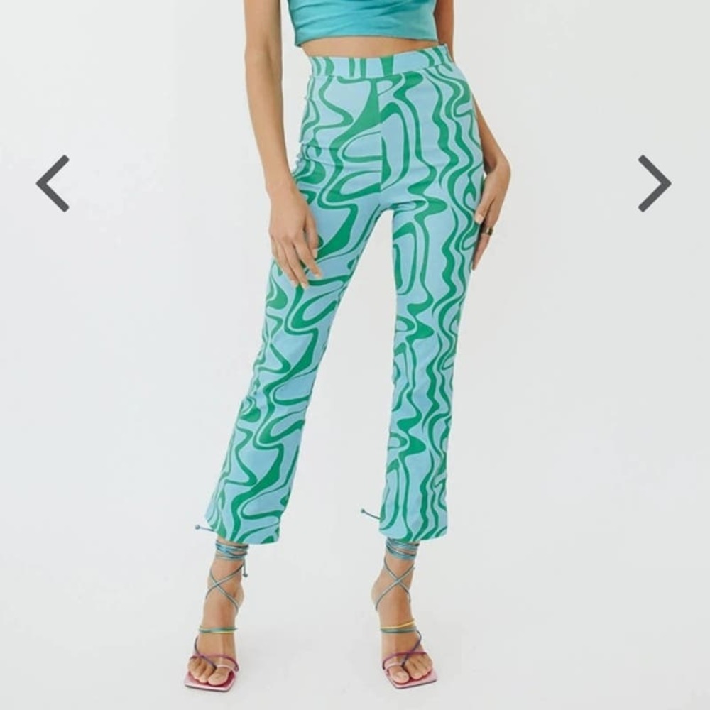 VRG GRL Blue Green Retro Psychedelic‎ Swirl Boho High Waisted Cotton Pants Sz 0